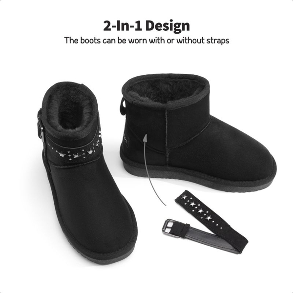 [FuzzyClassic Kid's Low Boot] Kids Faux Fur-Lined Snow Boots - BLACK - 1
